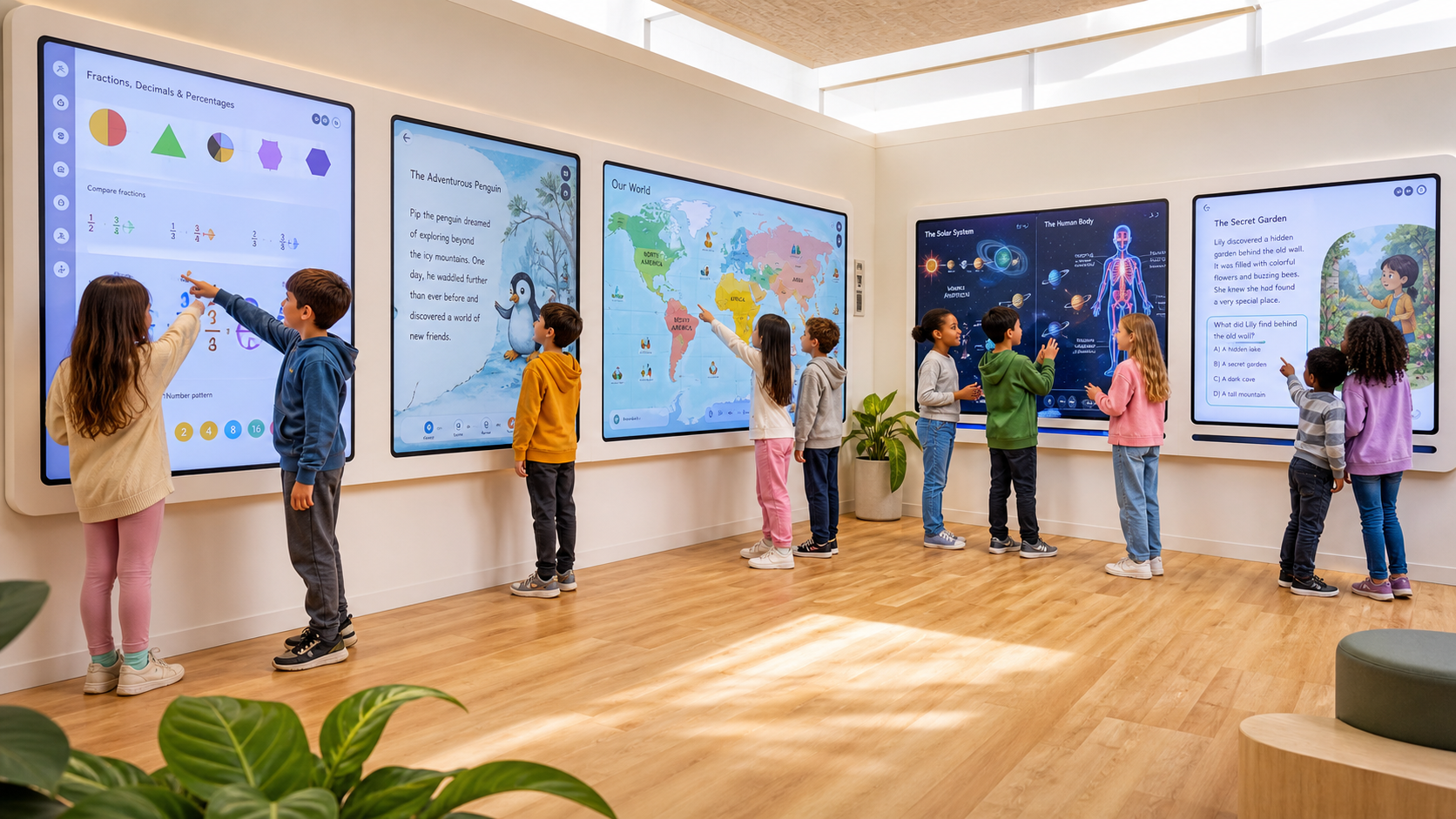 Eight children standing in a 2028 classroom, facing five interactive wall screens covering fractions, world geography, world cultures, the human body, and a school garden.